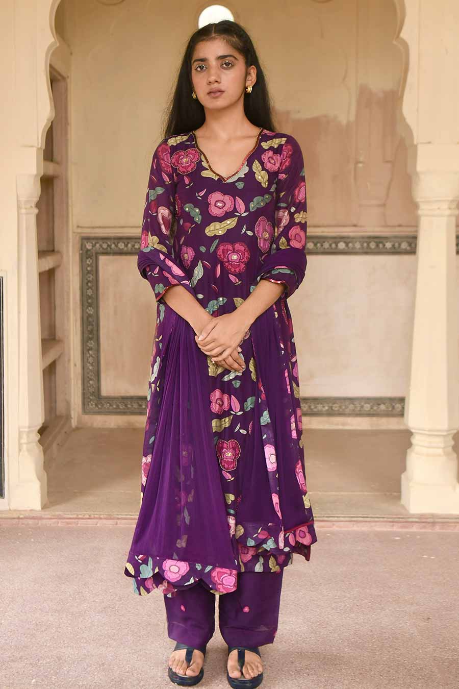 Orchid Wine Violet Printed Chanderi Kurta Set