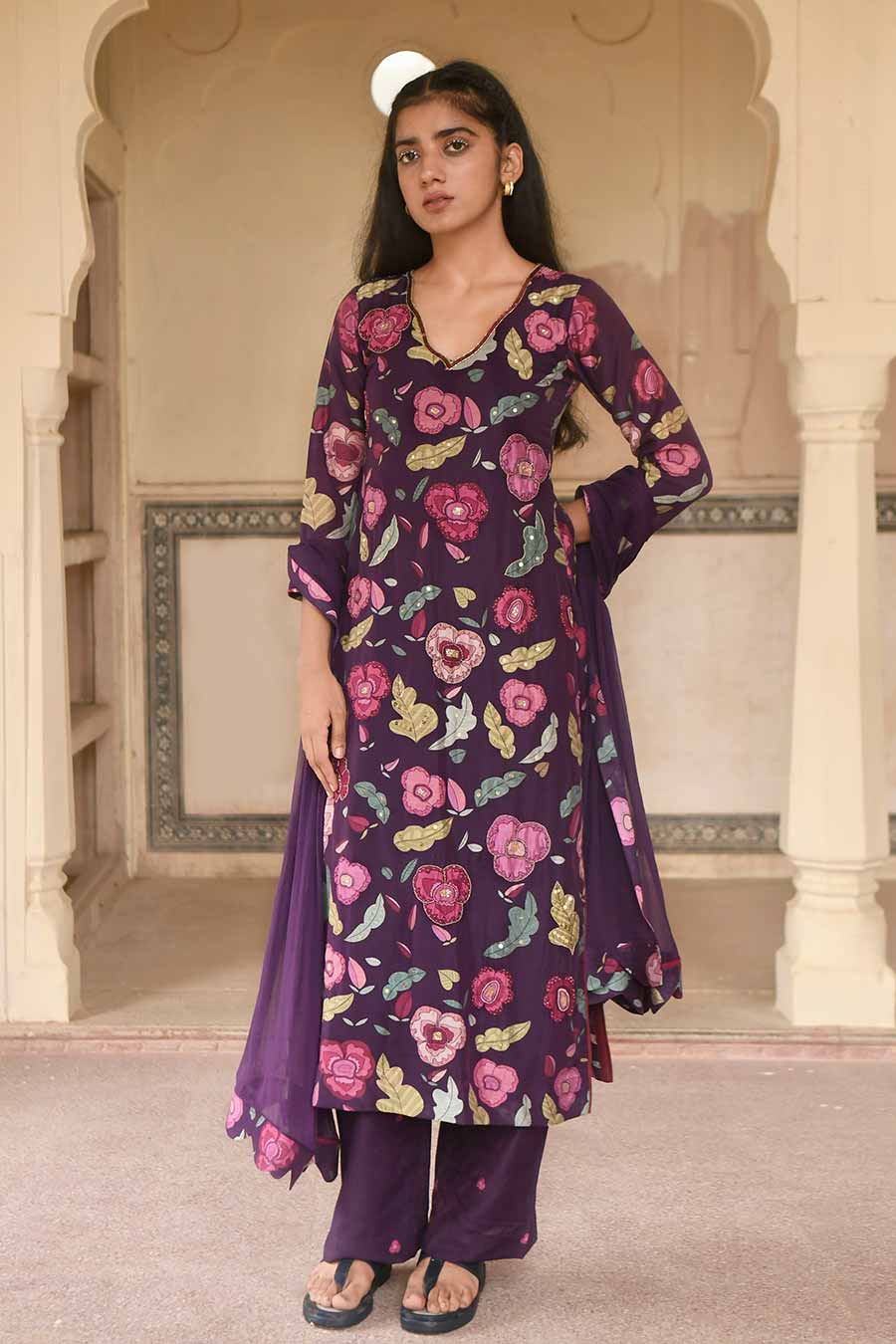Orchid Wine Violet Printed Chanderi Kurta Set