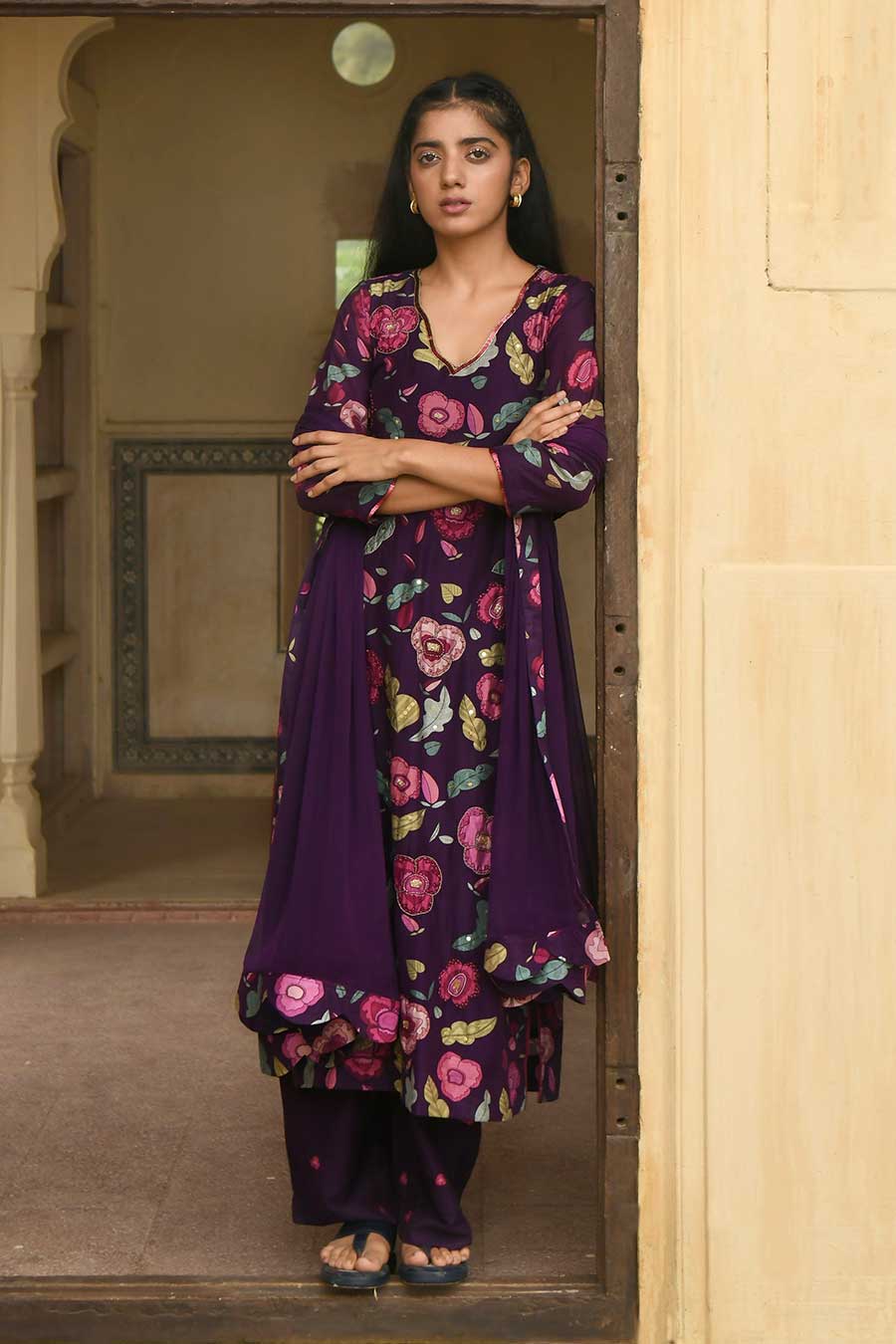 Orchid Wine Violet Printed Chanderi Kurta Set