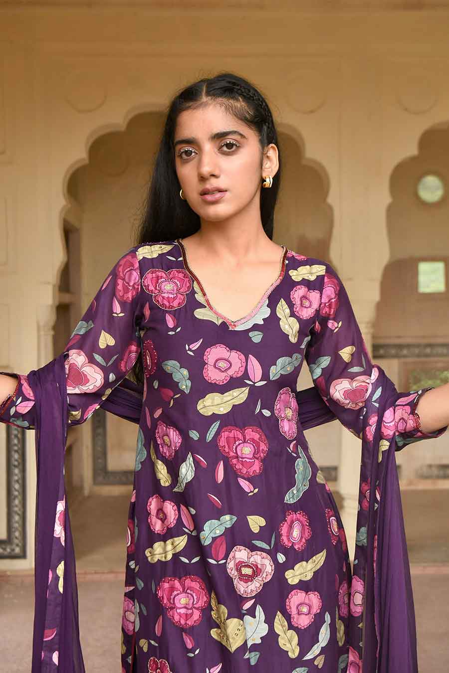 Orchid Wine Violet Printed Chanderi Kurta Set