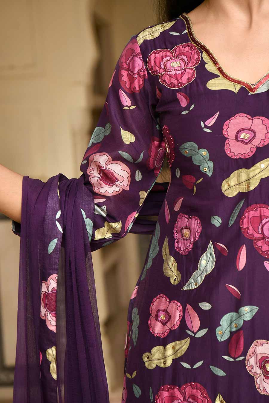 Orchid Wine Violet Printed Chanderi Kurta Set