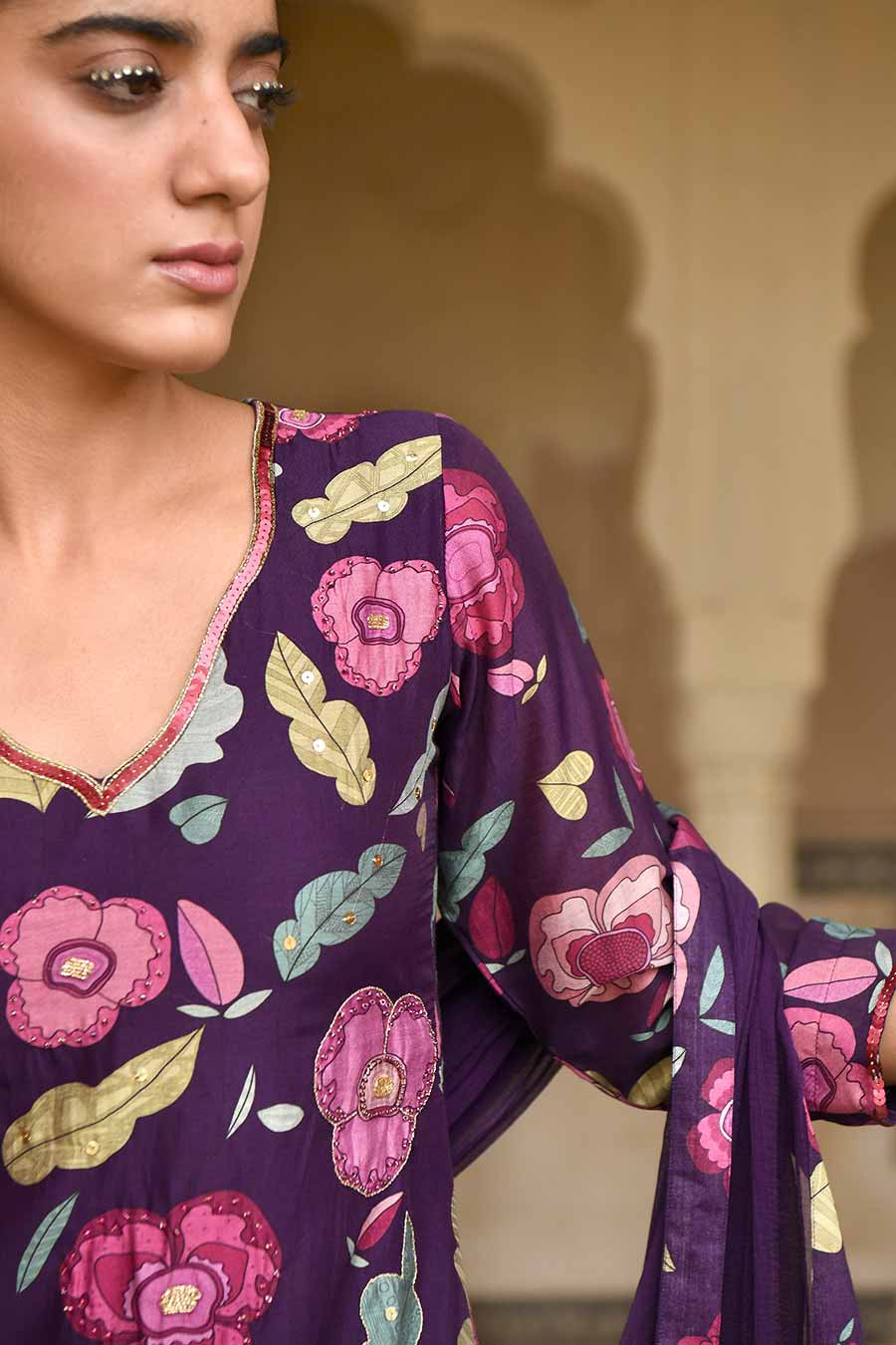 Orchid Wine Violet Printed Chanderi Kurta Set