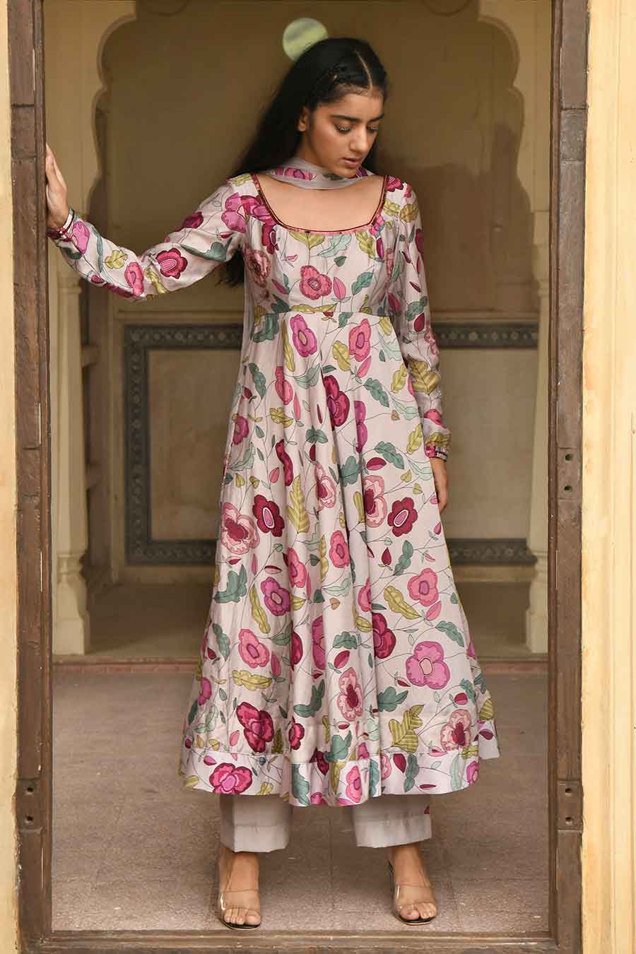 Blooming Garden Grey Chanderi Kurta Set