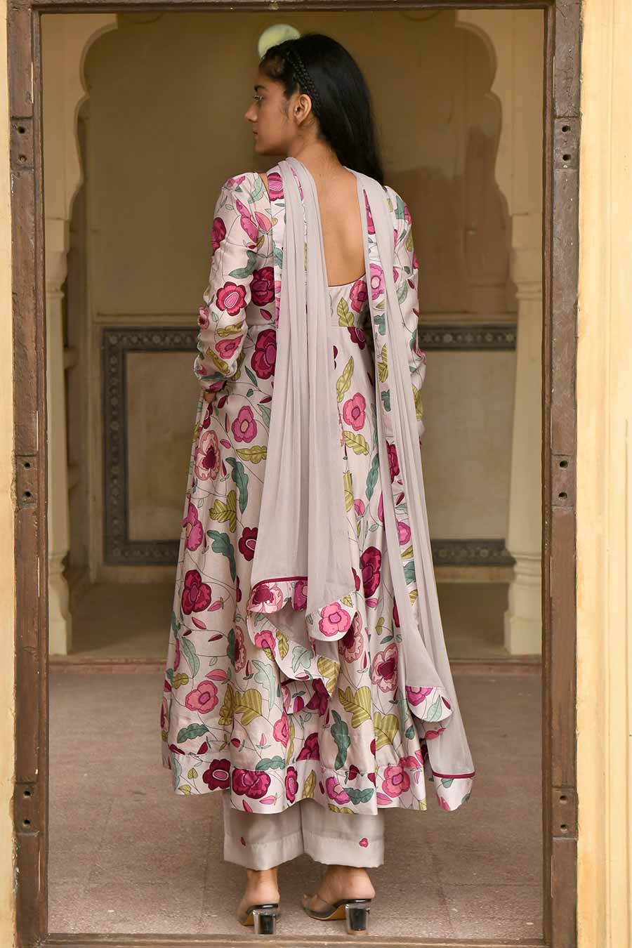 Blooming Garden Grey Chanderi Kurta Set
