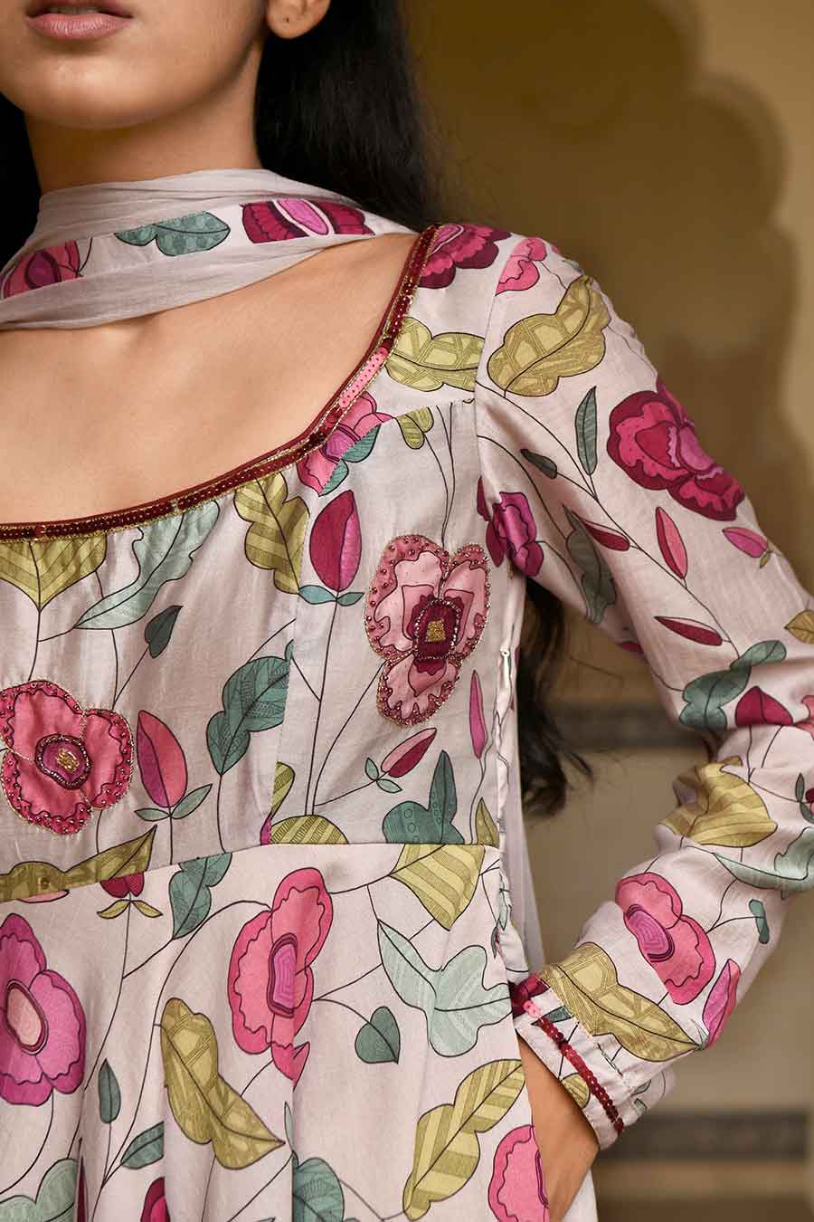 Blooming Garden Grey Chanderi Kurta Set