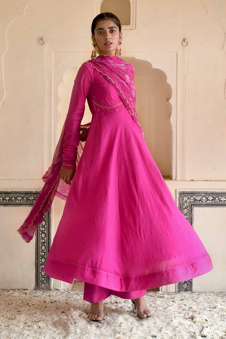 Hot Pink Chanderi Festive Kurta Set