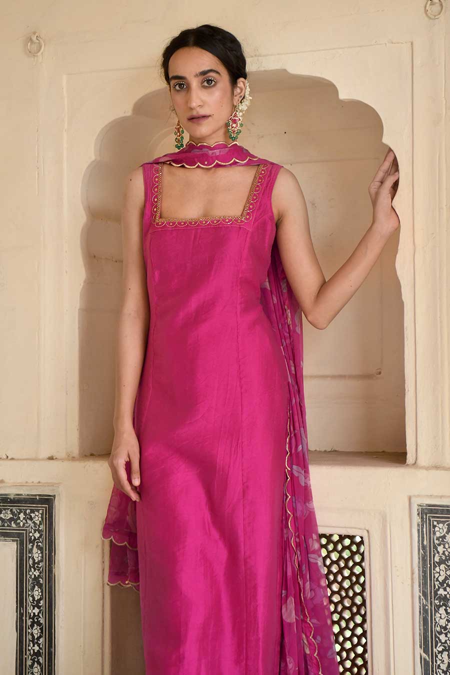 Hot Pink Chanderi Festive Kurta Set