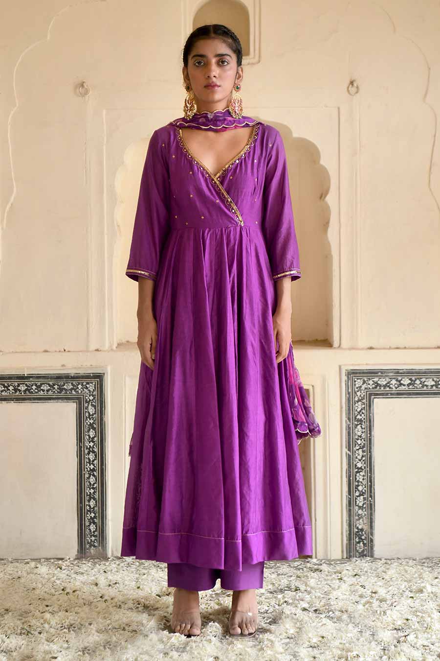 Violet Chanderi Embroidered Kurta Set