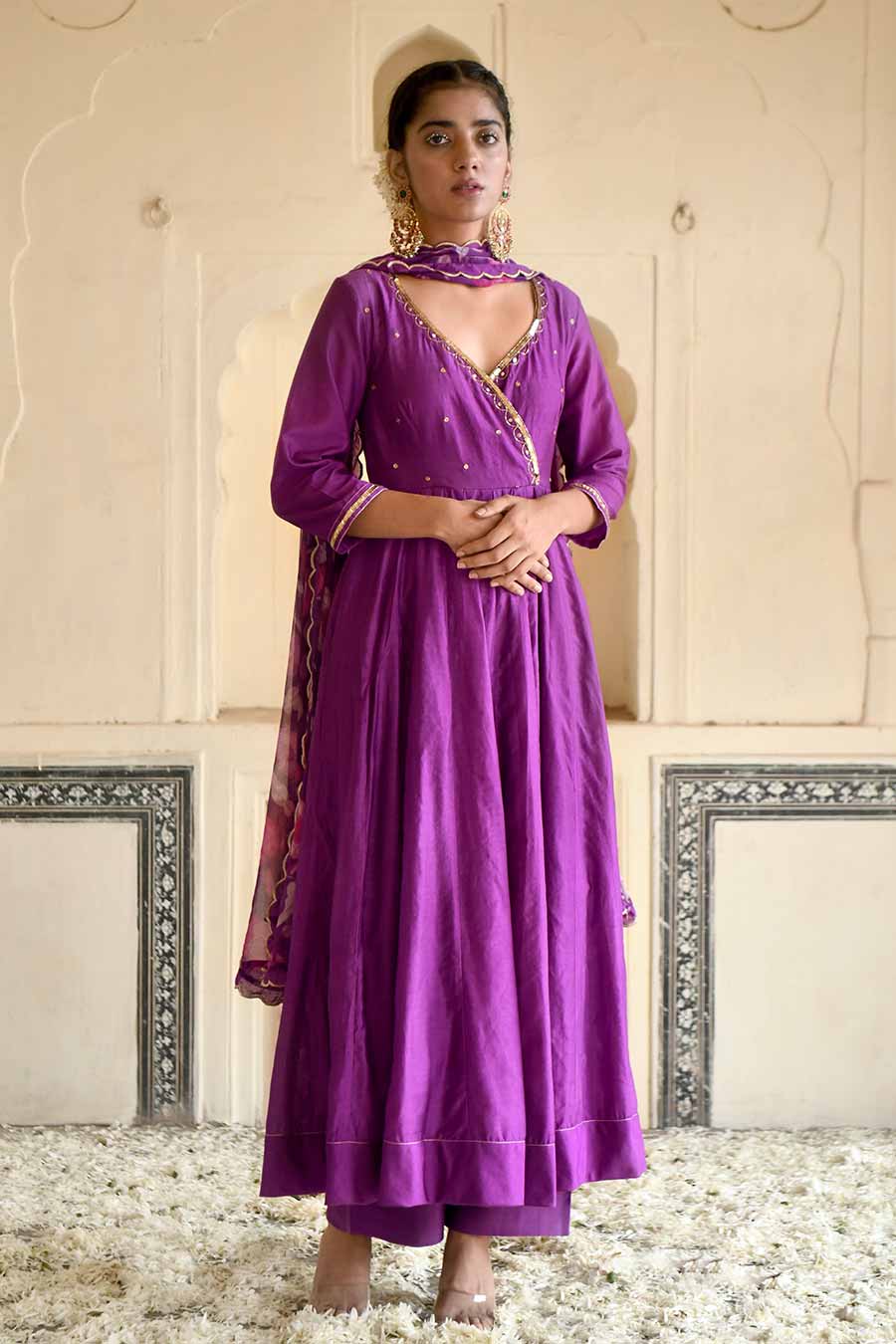 Violet Chanderi Embroidered Kurta Set