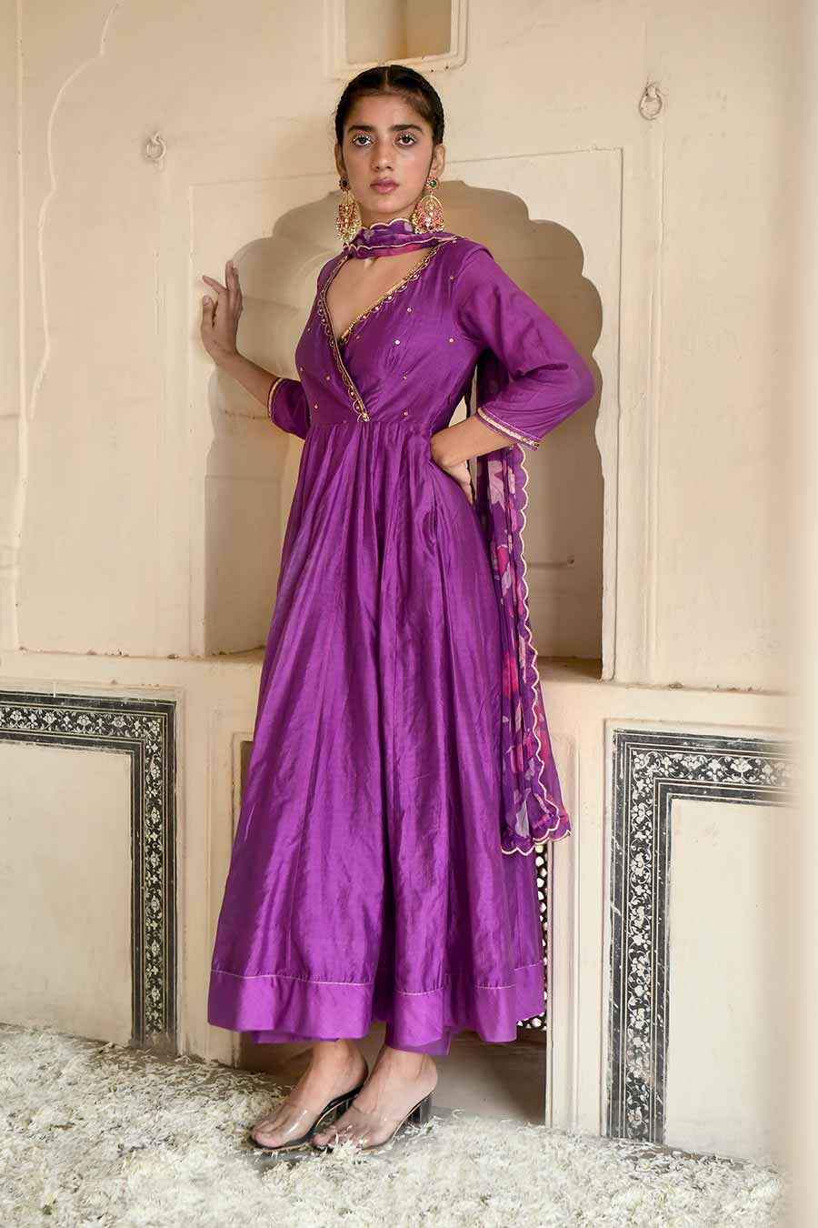 Violet Chanderi Embroidered Kurta Set