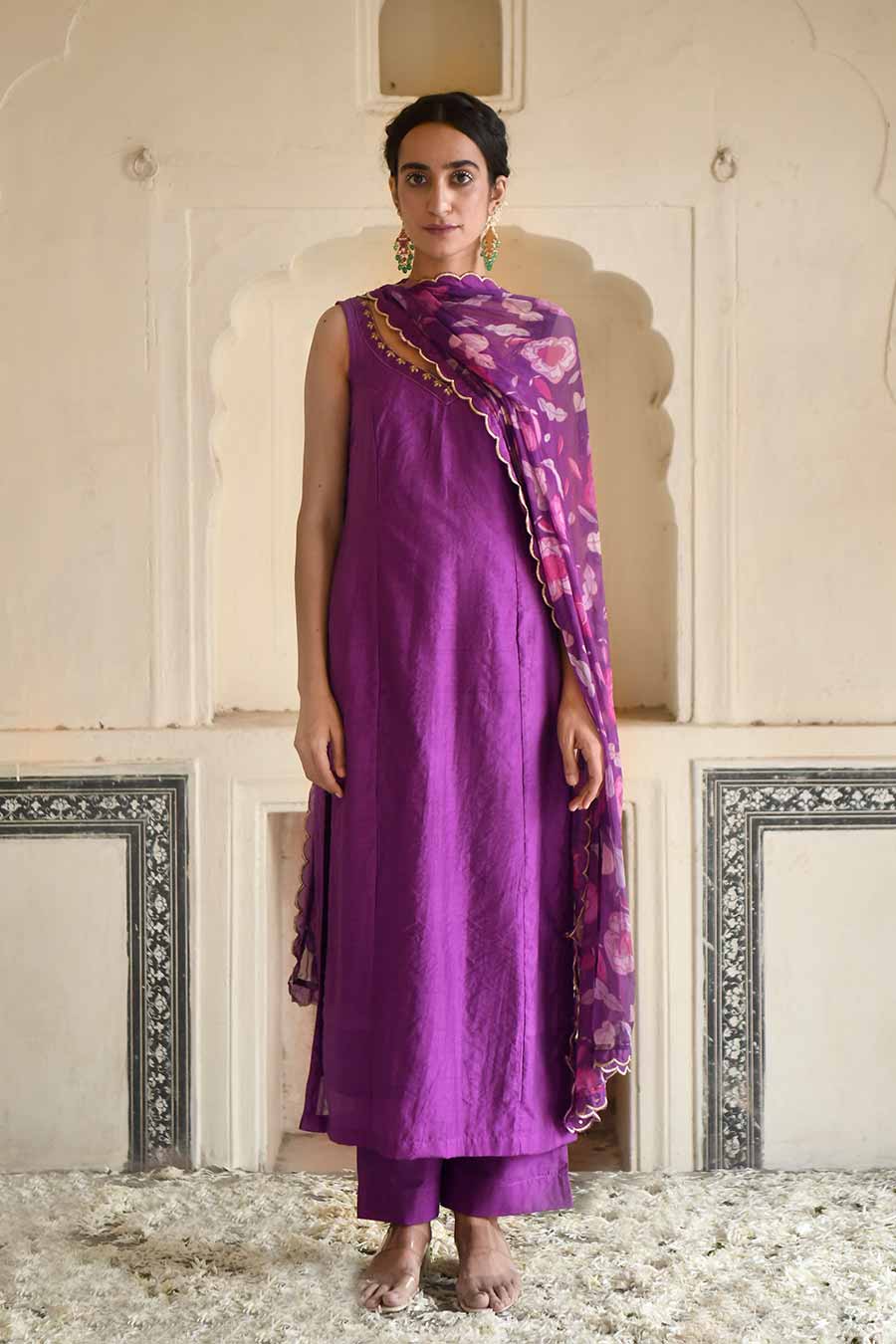 Violet Chanderi Embroidered Kurta Set