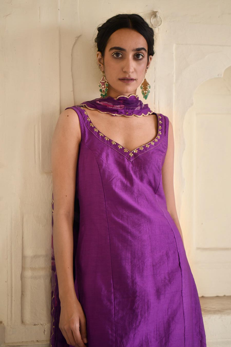 Violet Chanderi Embroidered Kurta Set