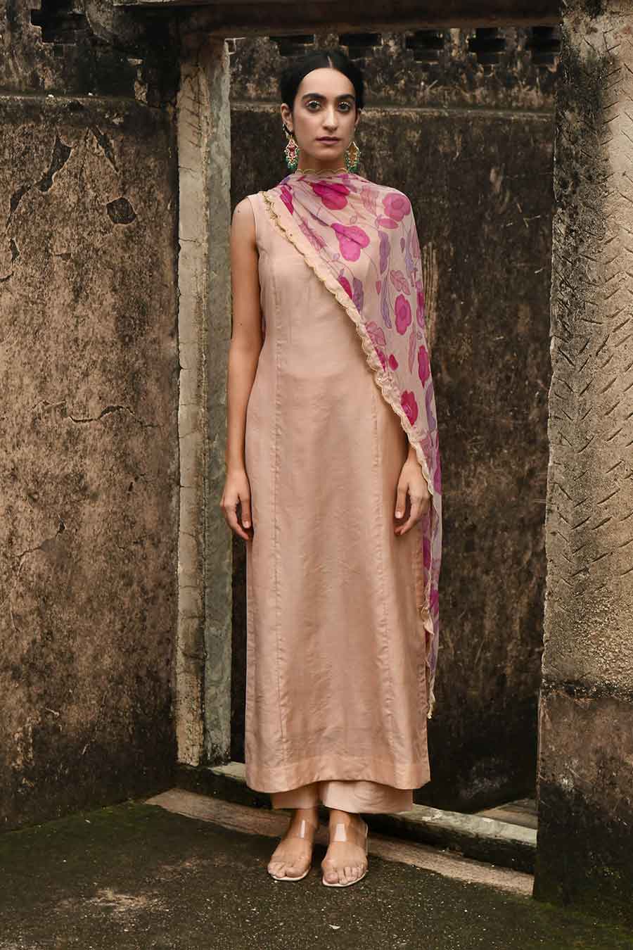 Sugar Rose Peach Chanderi Kurta Set