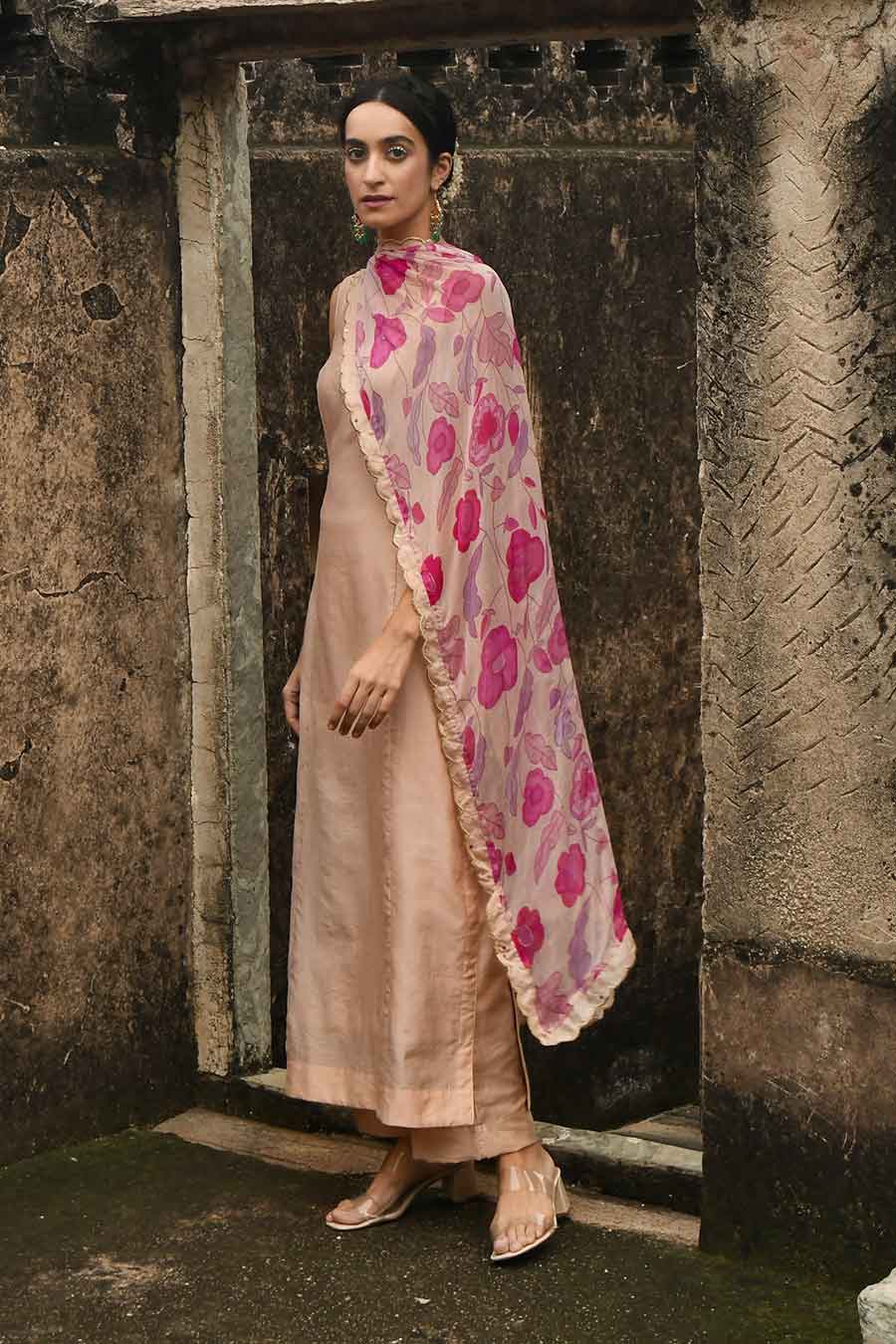 Sugar Rose Peach Chanderi Kurta Set