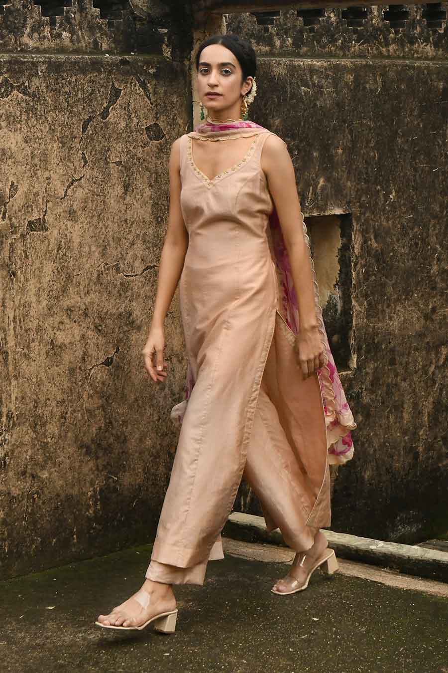 Sugar Rose Peach Chanderi Kurta Set