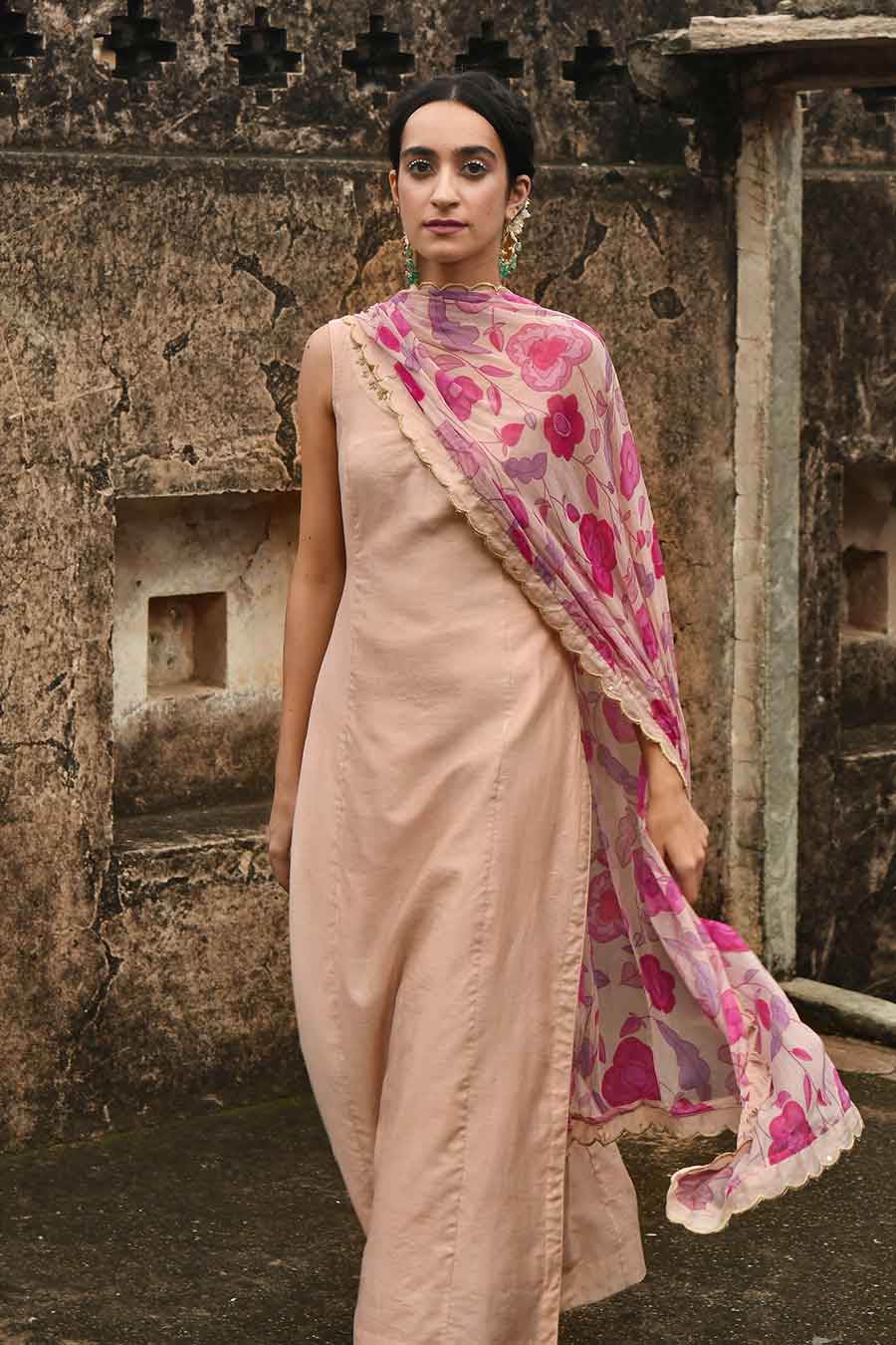 Sugar Rose Peach Chanderi Kurta Set