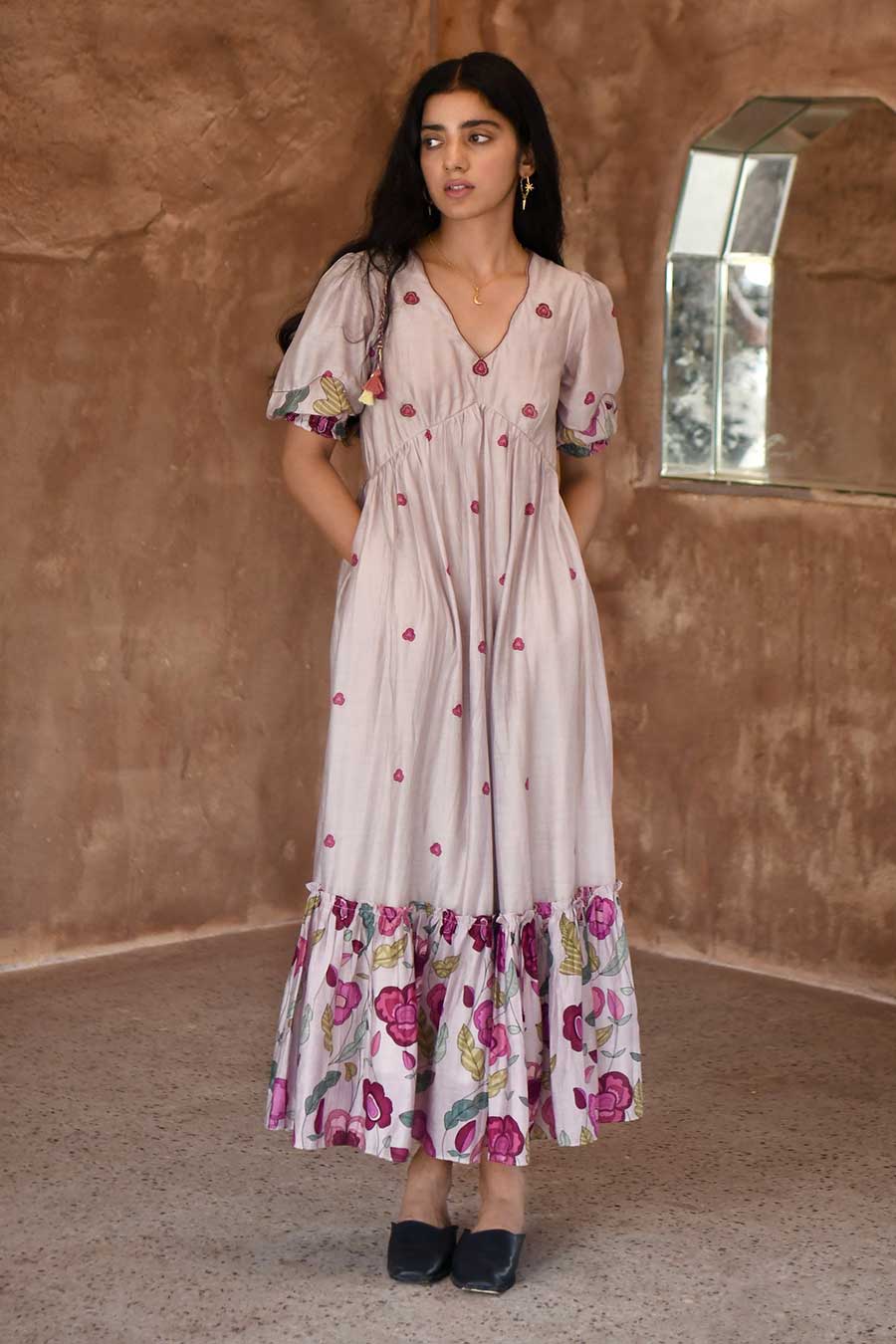 Cloudy Grey Floral Print Tier Dress
