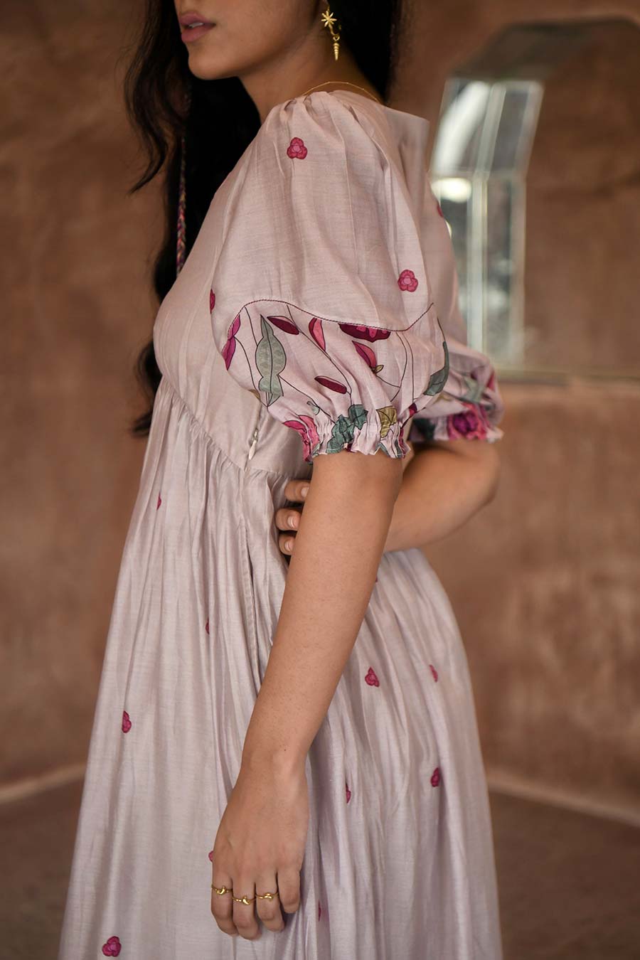 Cloudy Grey Floral Print Tier Dress