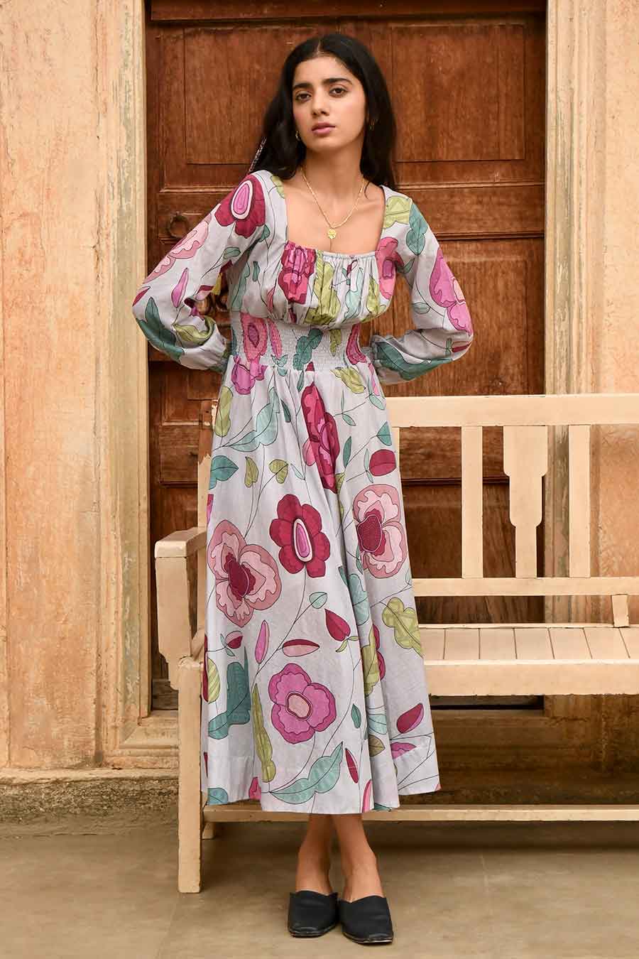 Fossil Bloom Grey Floral Print Dress