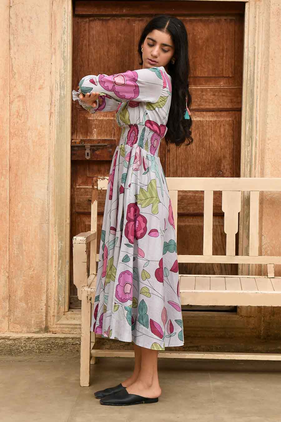 Fossil Bloom Grey Floral Print Dress