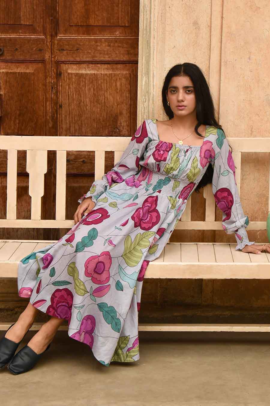 Fossil Bloom Grey Floral Print Dress