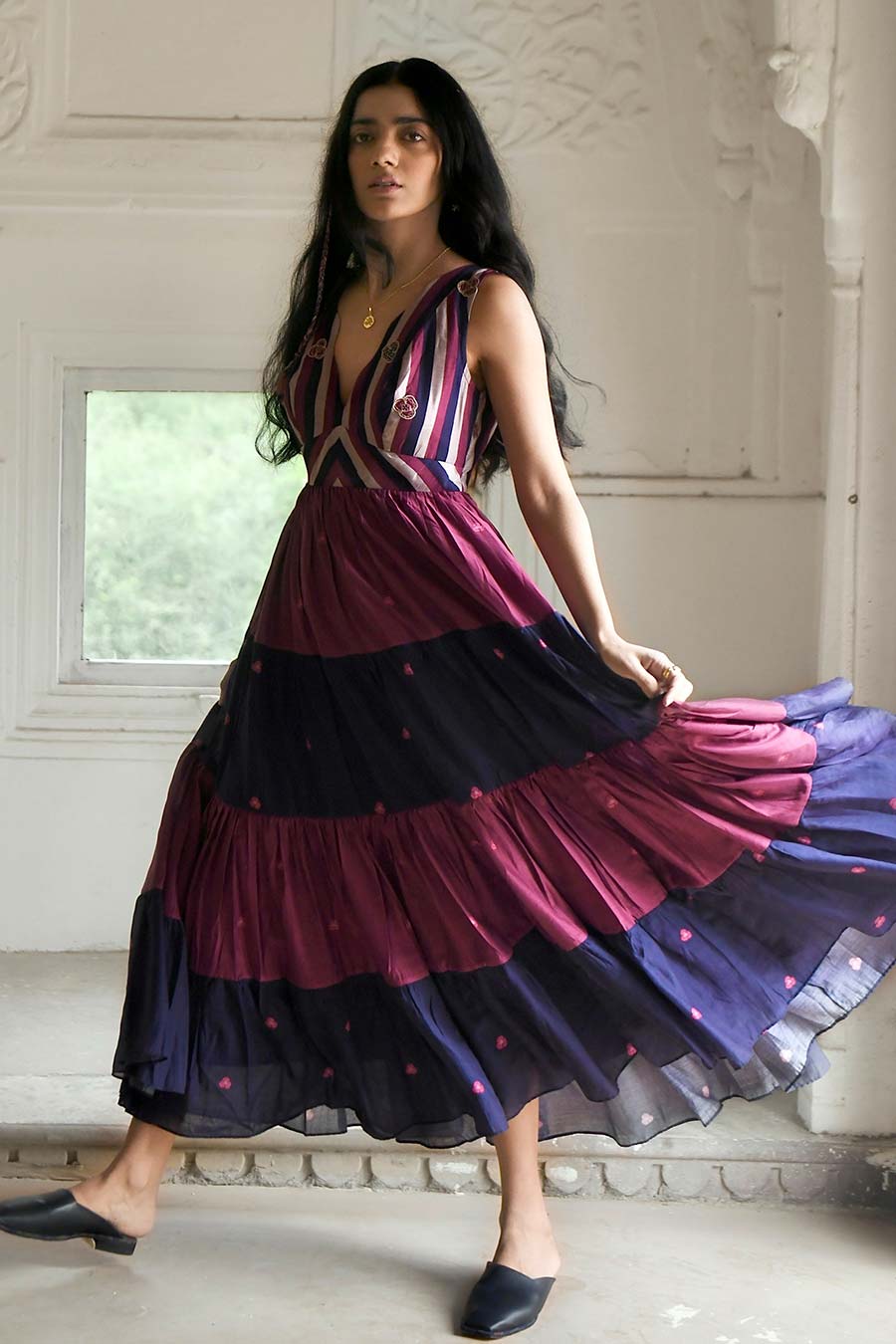 Bloomy Merlot Multicolor Tier Dress
