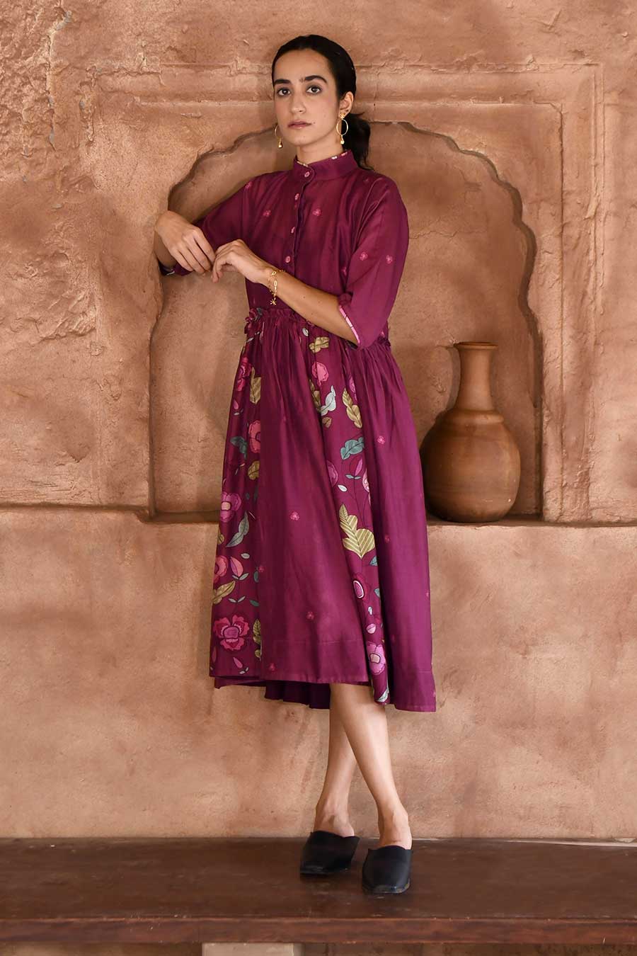 Mahogany Wine Chanderi Shirt Dress