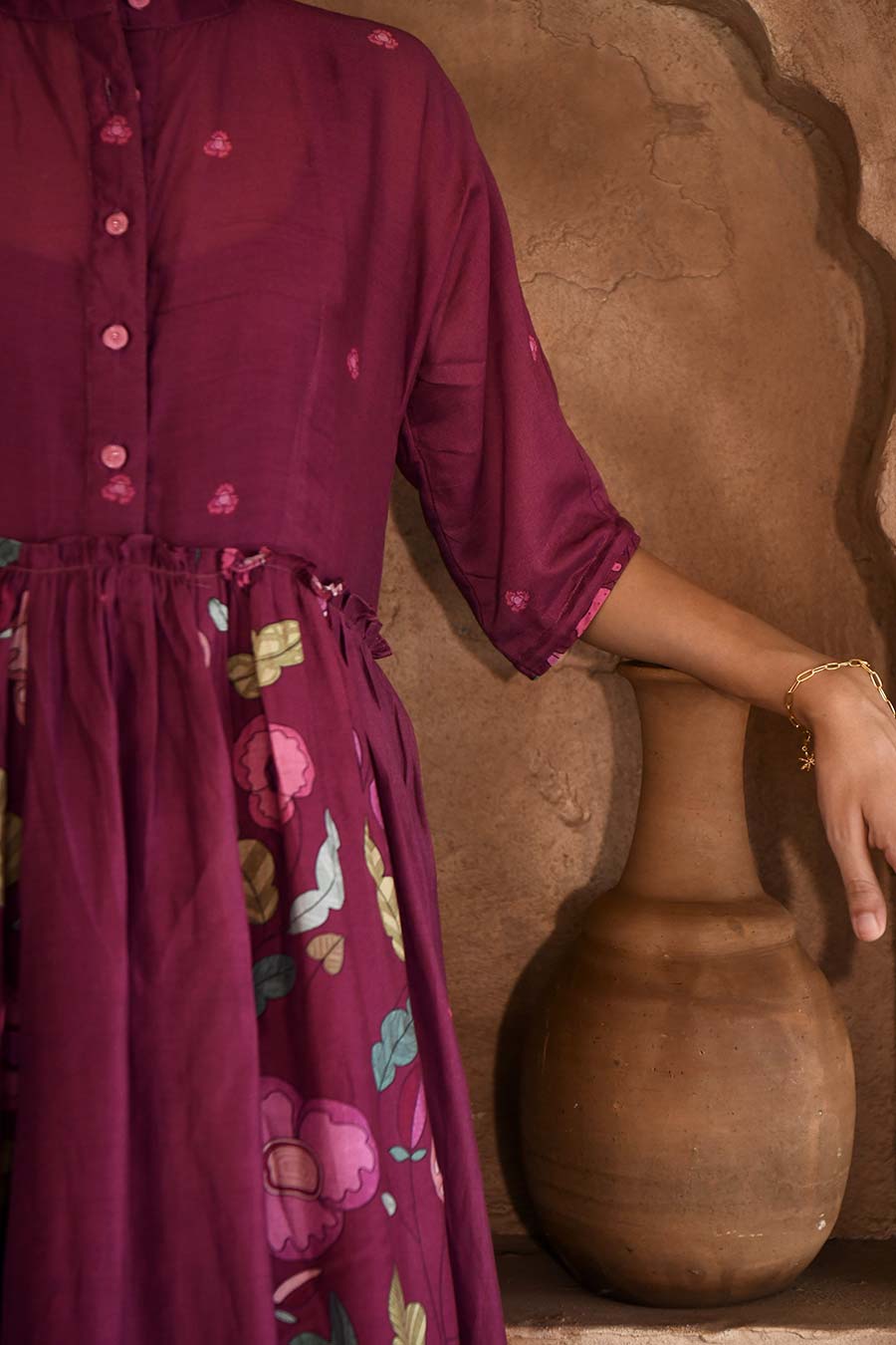 Mahogany Wine Chanderi Shirt Dress