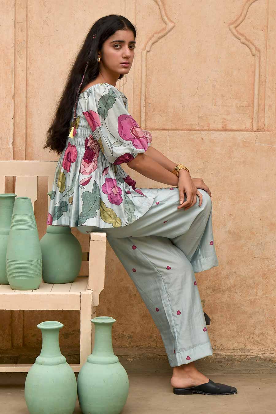 Vivid Sky Blue Chanderi Silk Pants