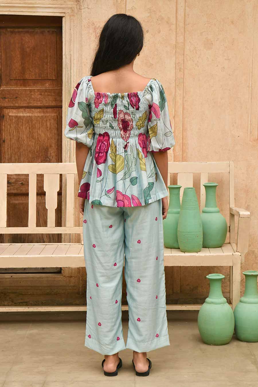 Vivid Sky Blue Floral Print Co-Ord Set