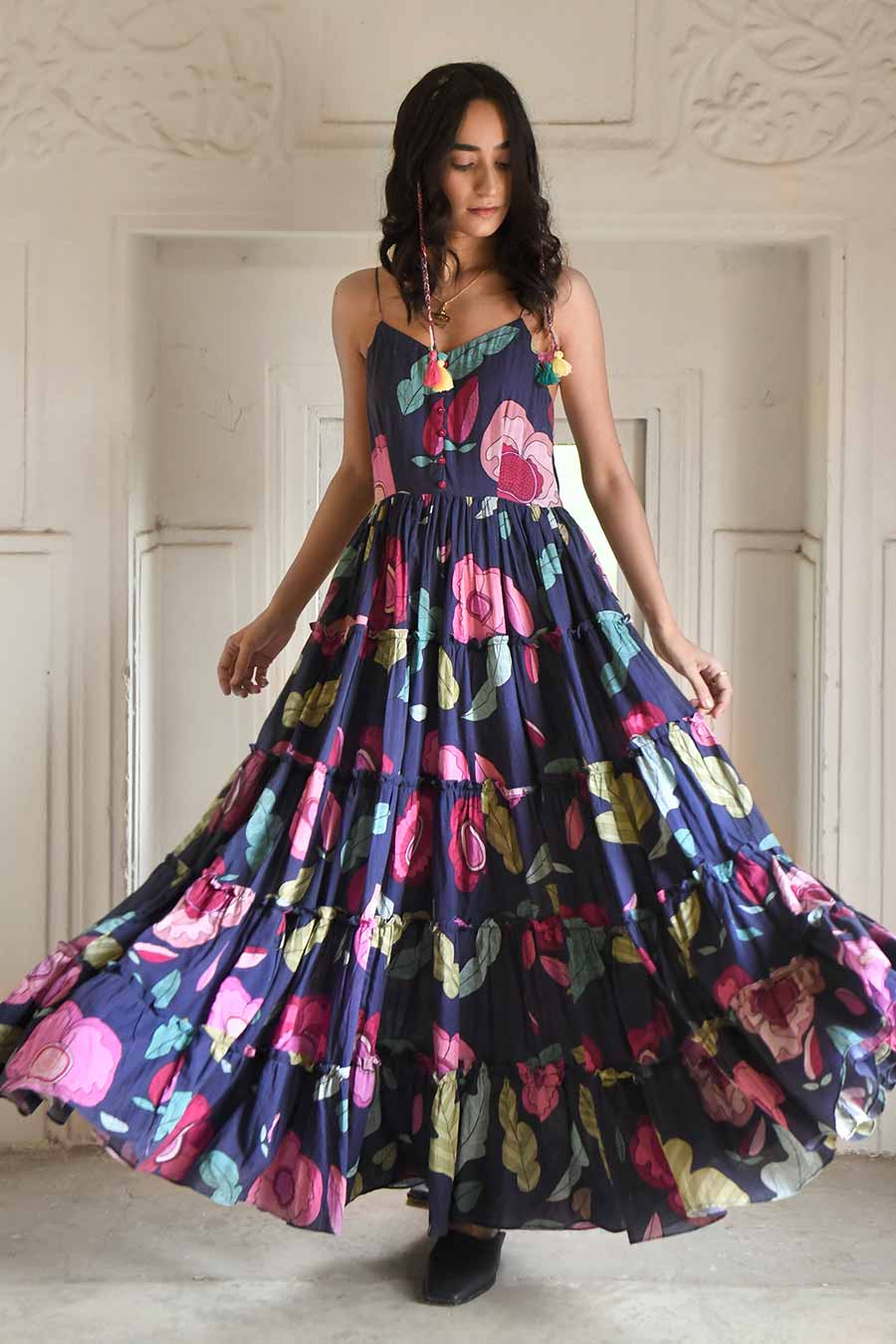 Midnight Blue Floral Print Dress
