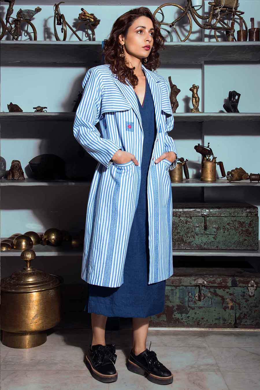 Handloom Cotton Blue Trench Coat