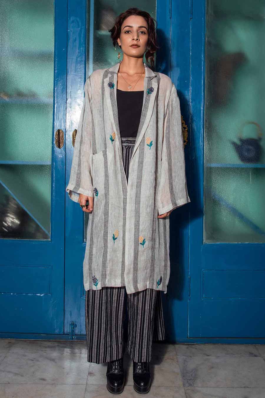 Handloom Linen Grey Embroidered Jacket