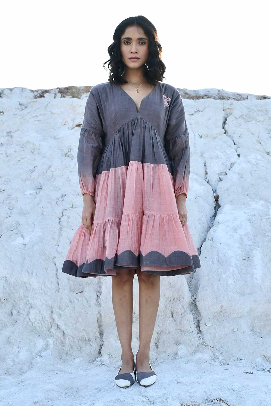Peach & Grey Ombre Embroidered Dress