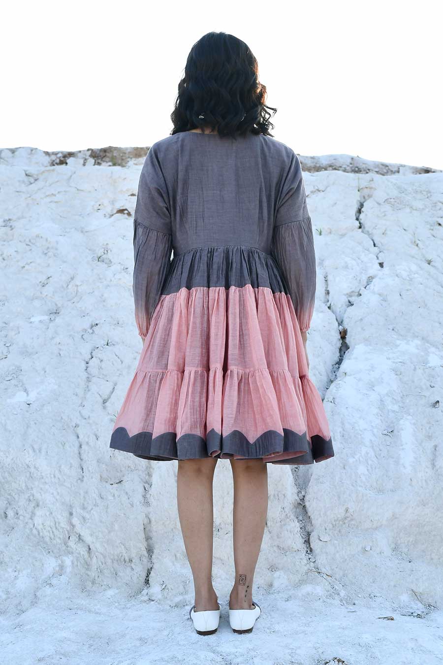 Peach & Grey Ombre Embroidered Dress