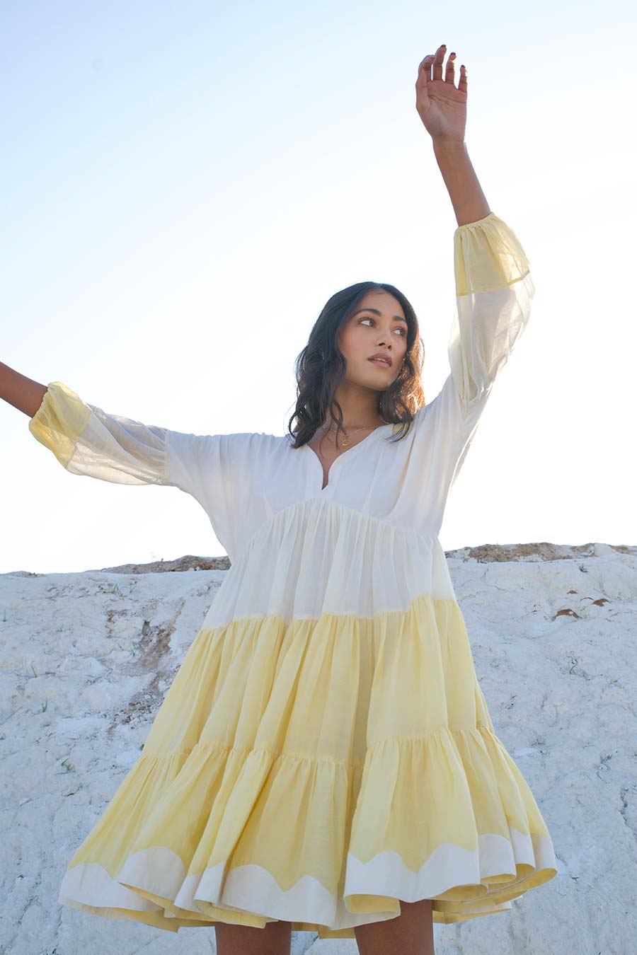 White & Yellow Embroidered Dress