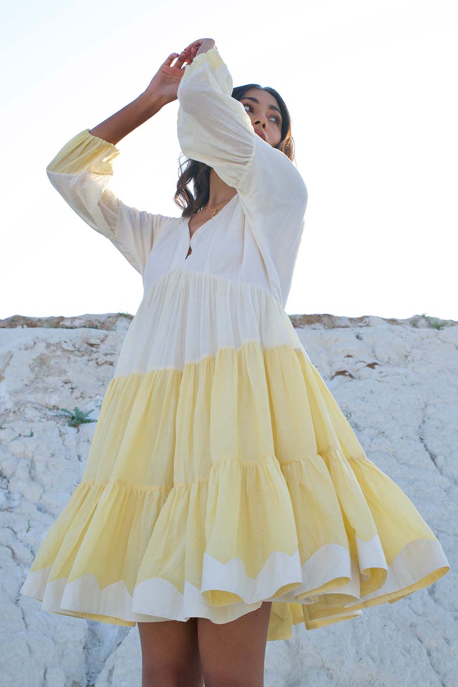 White & Yellow Embroidered Dress