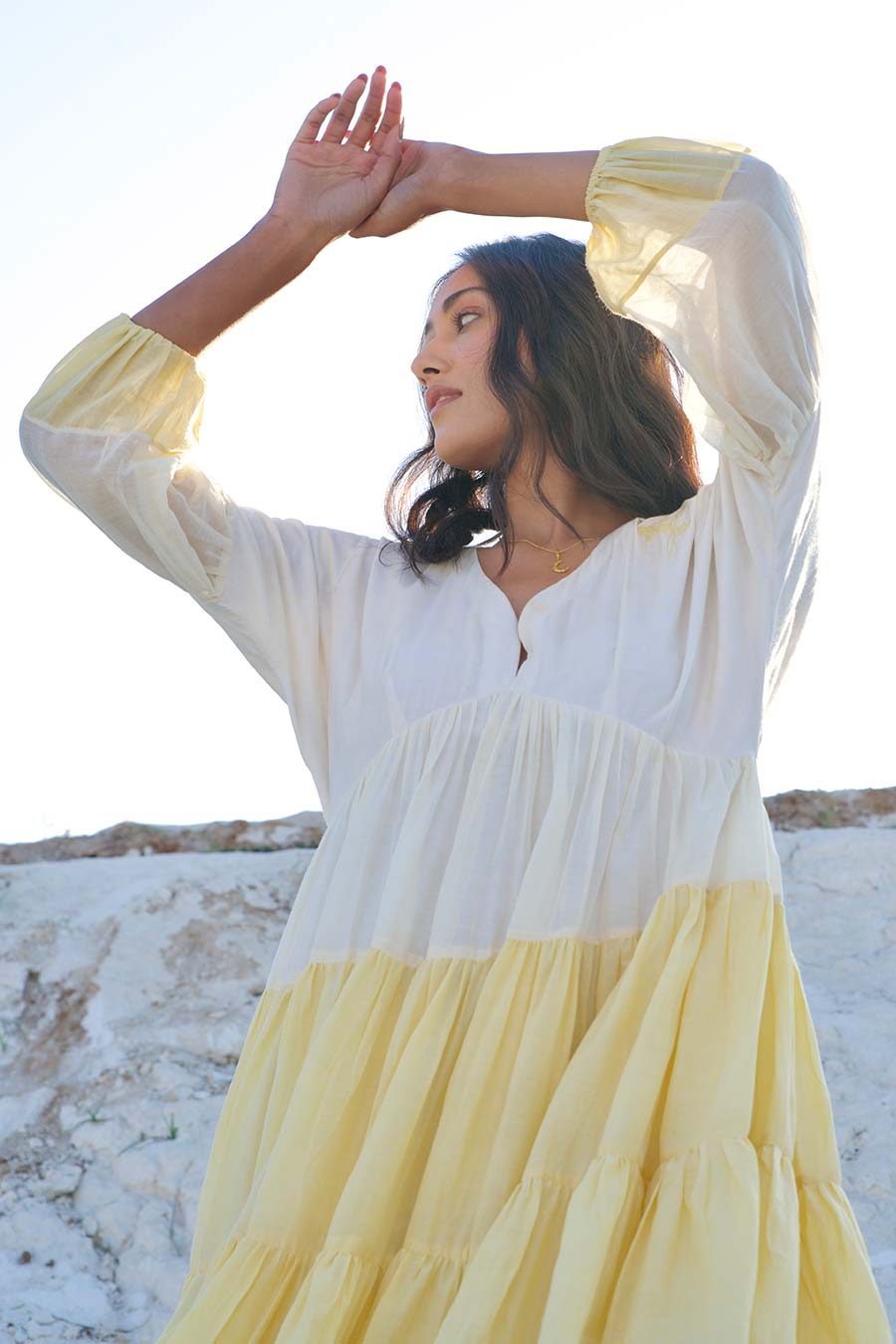 White & Yellow Embroidered Dress