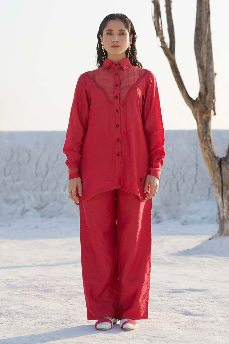Red Embroidered Shirt & Pant Co-Ord Set