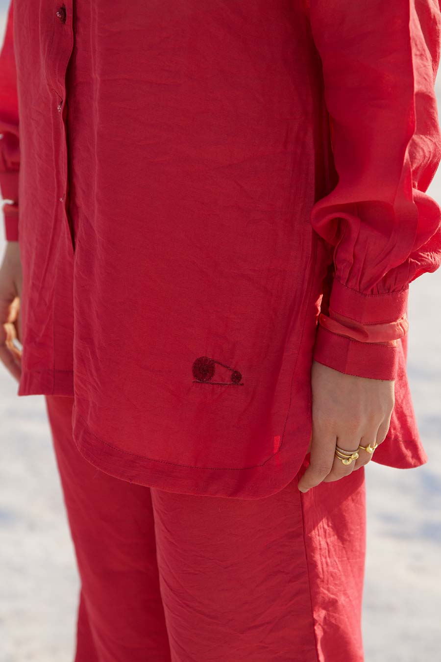 Red Embroidered Shirt & Pant Co-Ord Set