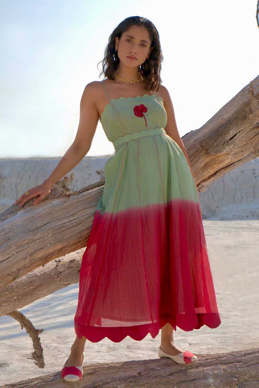 Green & Red Ombre Embroidered Dress