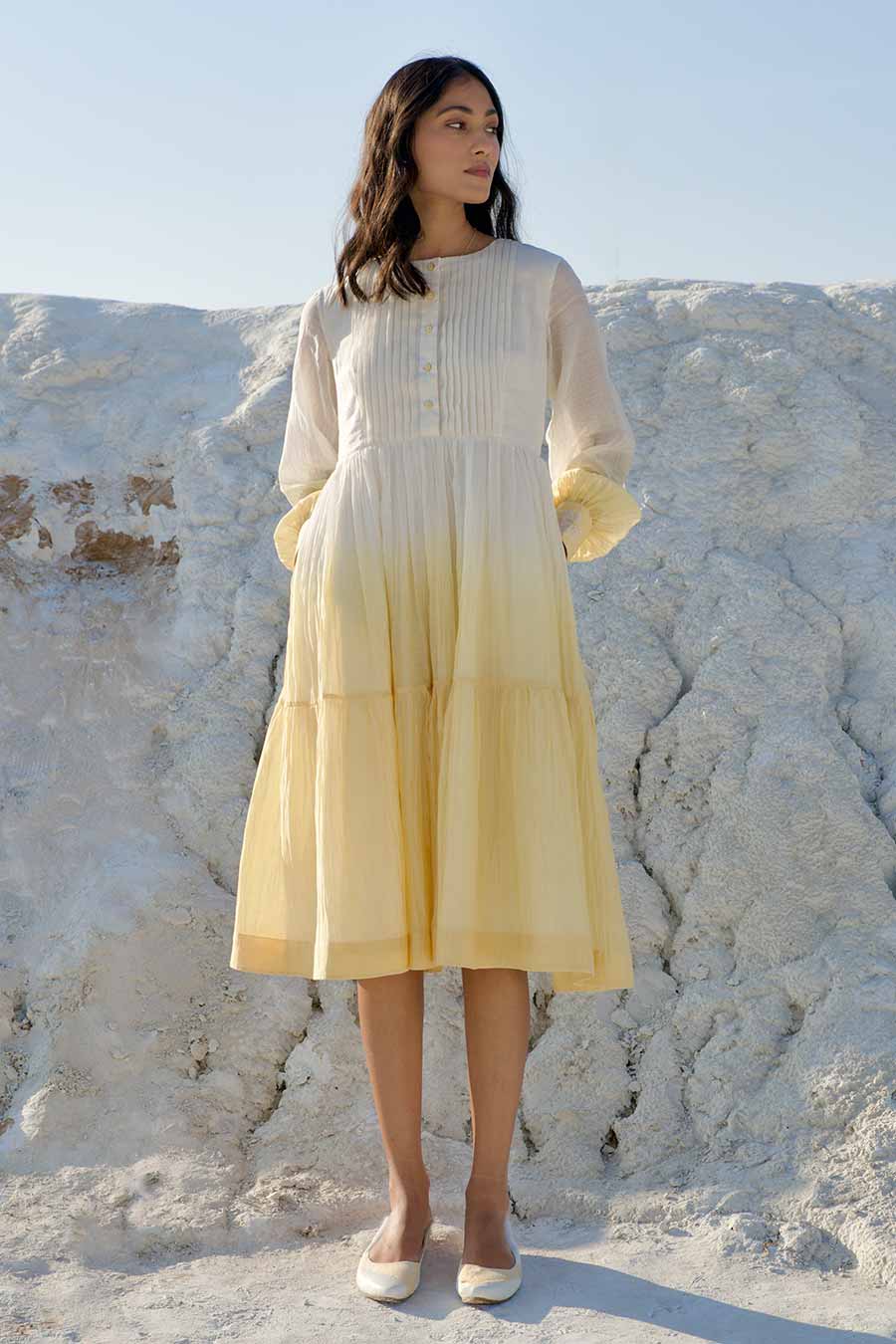 White & Yellow Ombre Pleated Dress