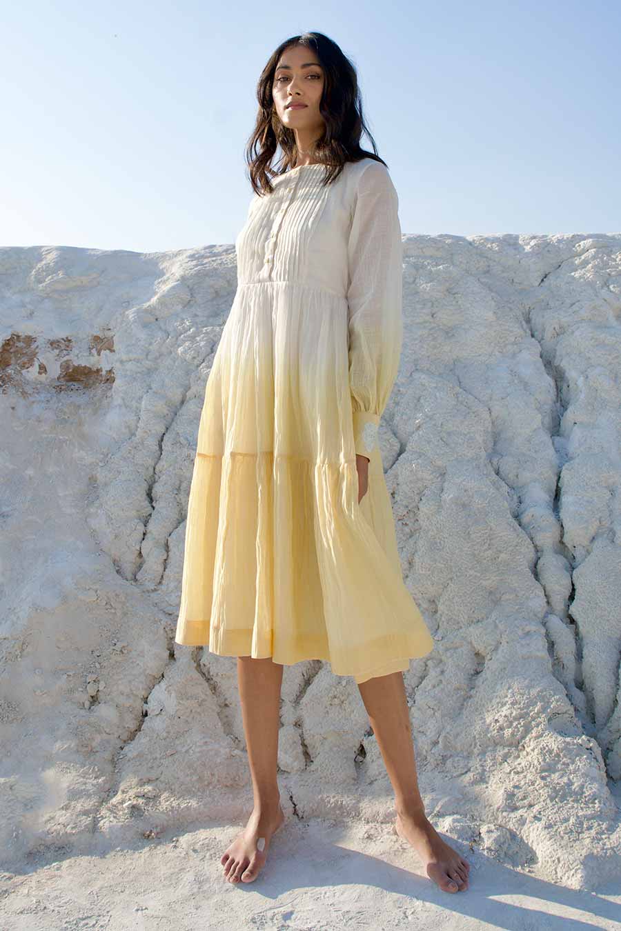 White & Yellow Ombre Pleated Dress
