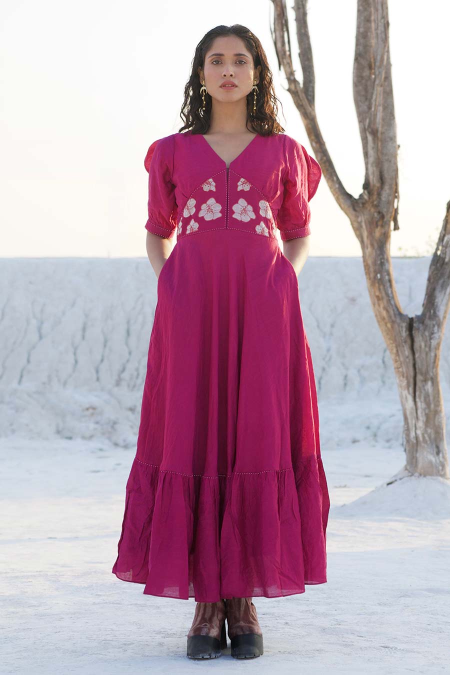 Magenta Embroidered Tier Dress