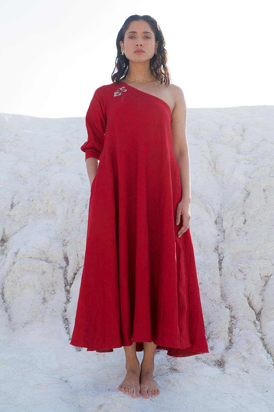 Red One-Shoulder Embroidered Dress