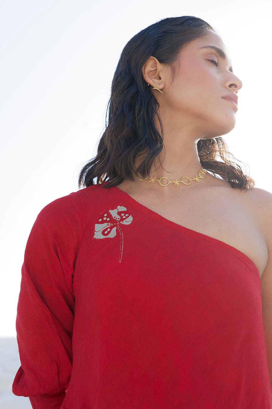 Red One-Shoulder Embroidered Dress