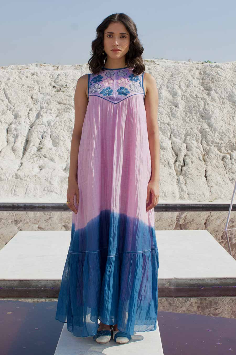 Pink & Blue Ombre Embroidered Dress