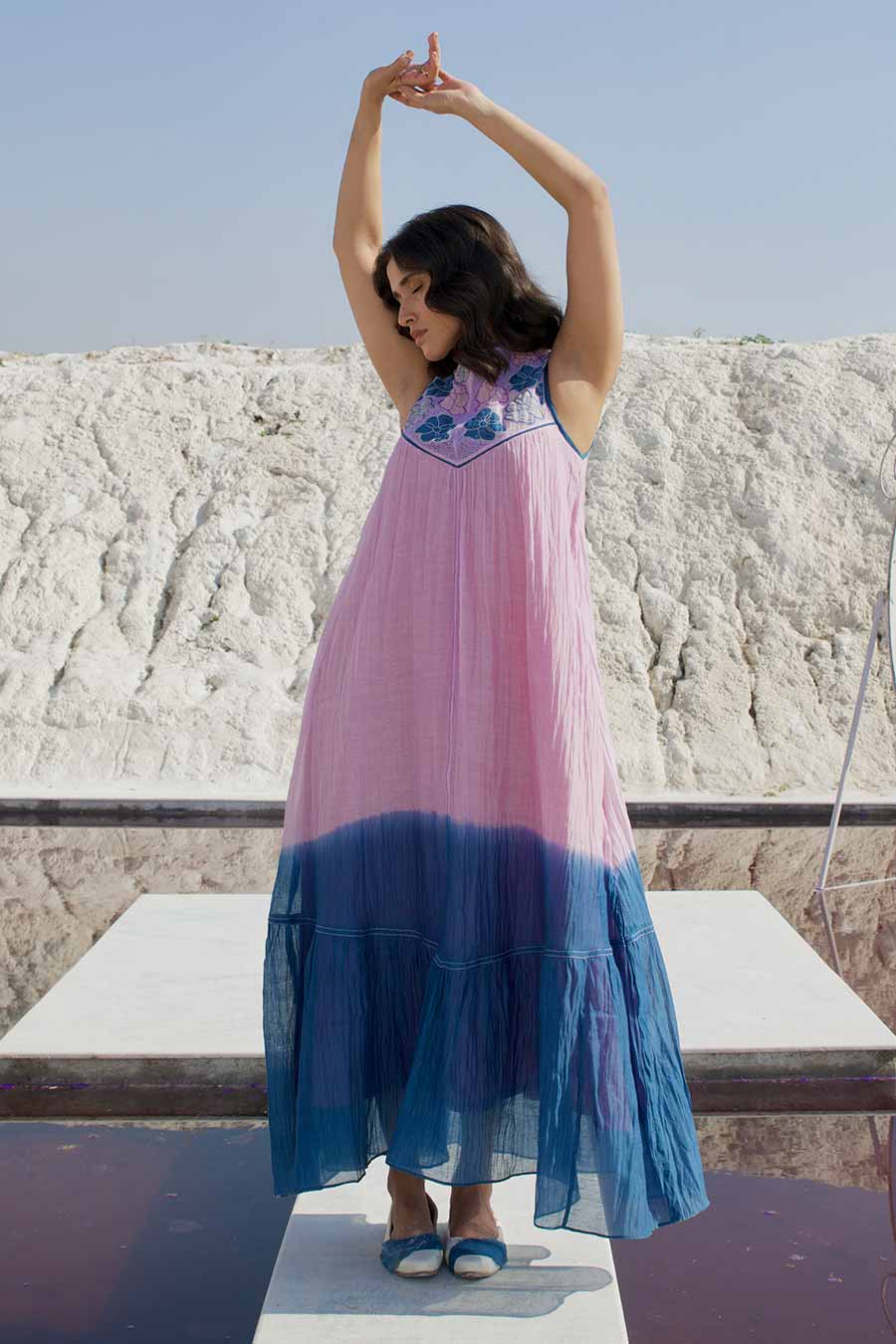 Pink & Blue Ombre Embroidered Dress