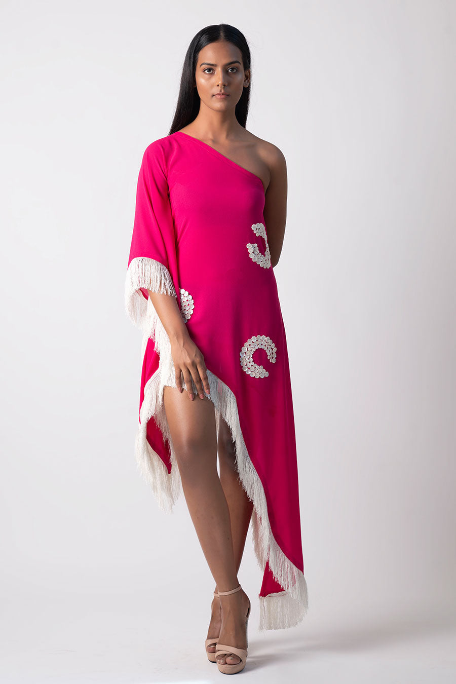 Pink One-Shoulder Embroidered Dress
