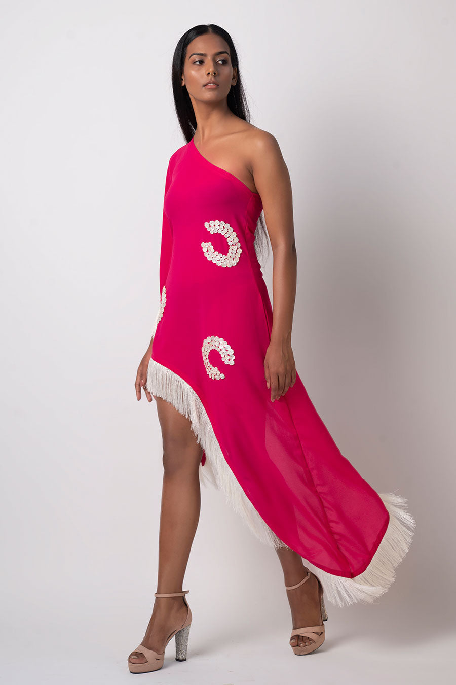 Pink One-Shoulder Embroidered Dress